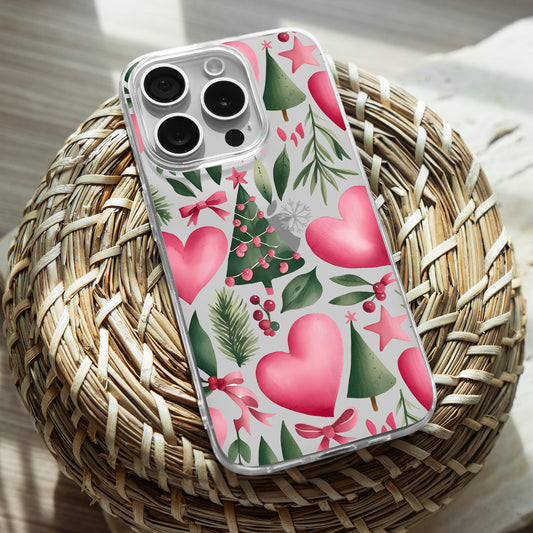Pink Heart Pattern TPU Clear Case for iPhone & Samsung Phones