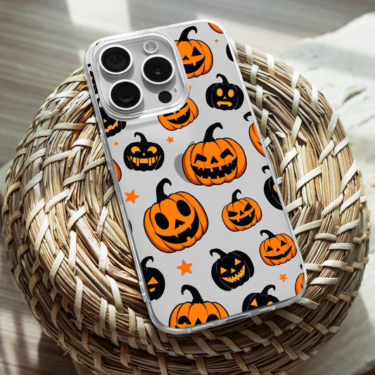Jack O Lantern Orange - Black Faces TPU Clear Phone Case for iPhone & Samsung Phones
