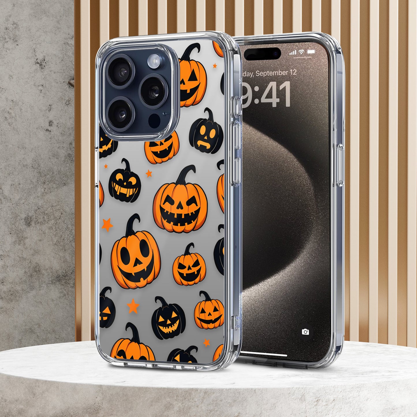 Jack O Lantern Orange - Black Faces TPU Clear Phone Case for iPhone & Samsung Phones