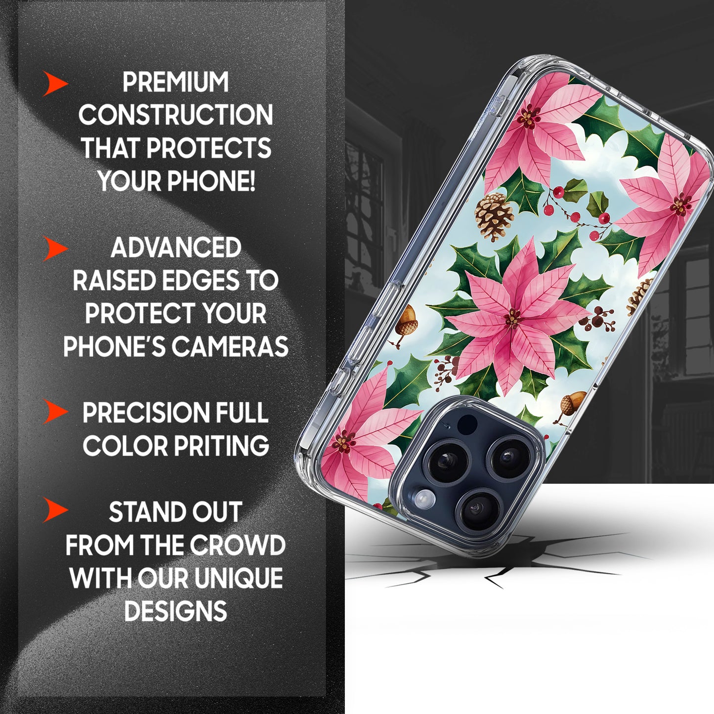 Poinsettia Pattern TPU Clear Case for iPhone & Samsung Phones