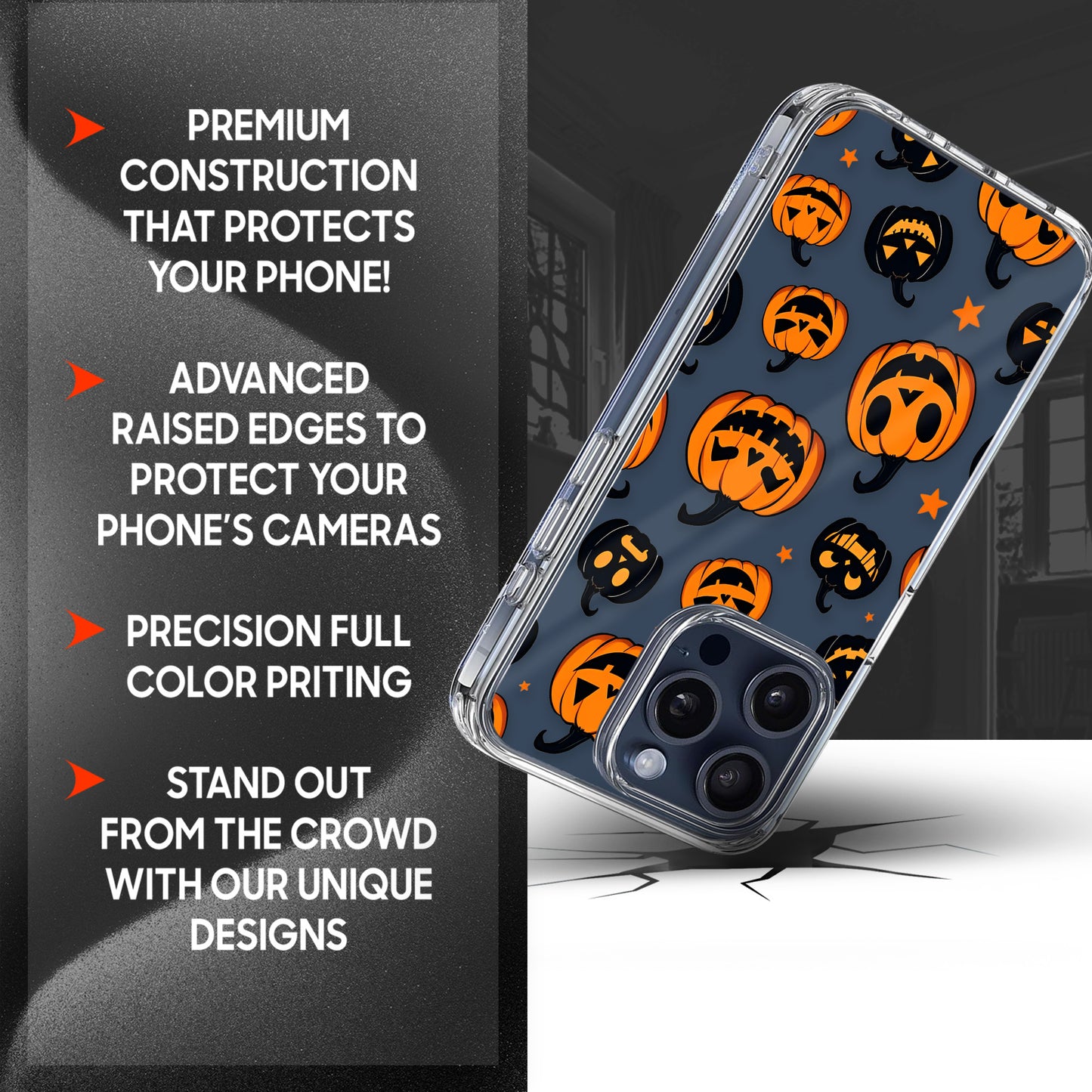 Jack O Lantern Orange - Black Faces TPU Clear Phone Case for iPhone & Samsung Phones