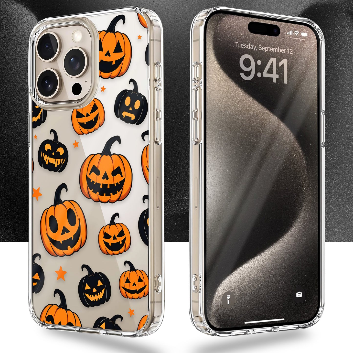 Jack O Lantern Orange - Black Faces TPU Clear Phone Case for iPhone & Samsung Phones