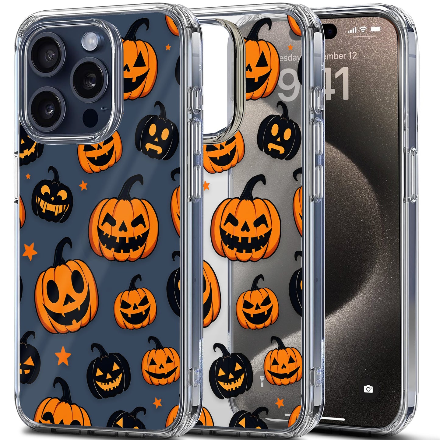 Jack O Lantern Orange - Black Faces TPU Clear Phone Case for iPhone & Samsung Phones