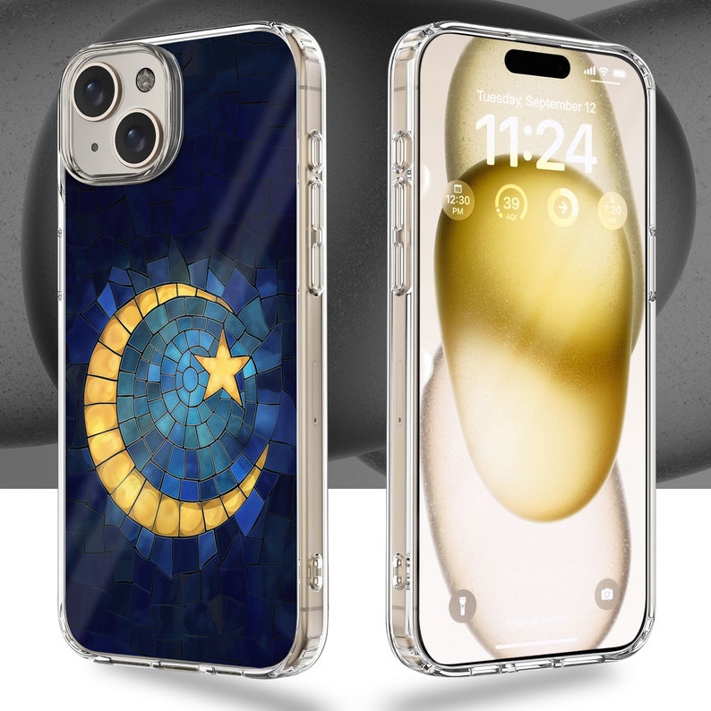 Moon Mosaic Art Design TPU Clear Phone Case for iPhone & Samsung Phones