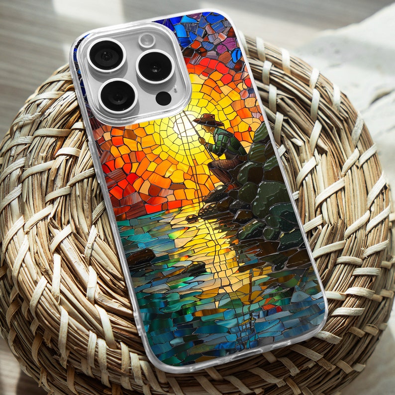 Fisherman Mosaic Design TPU Clear Phone Case for iPhone & Samsung Phones