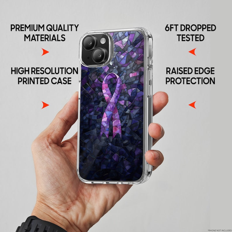 Purple Ribbon Mosaic Design TPU Clear Phone Case for iPhone & Samsung Phones
