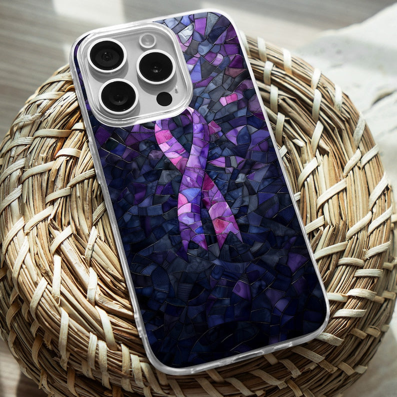 Purple Ribbon Mosaic Design TPU Clear Phone Case for iPhone & Samsung Phones