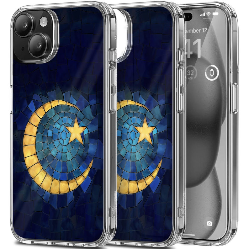 Moon Mosaic Art Design TPU Clear Phone Case for iPhone & Samsung Phones