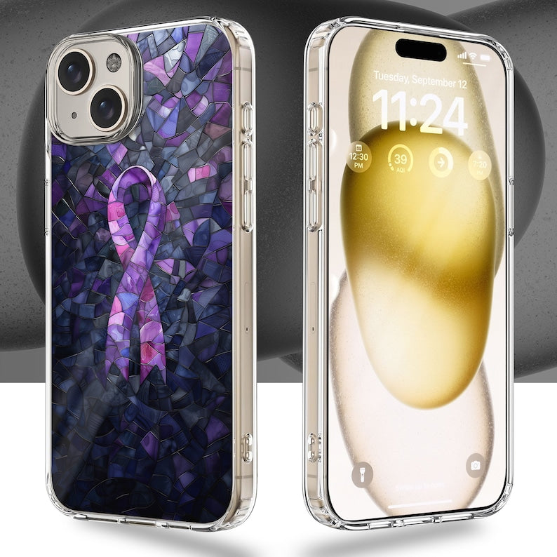 Purple Ribbon Mosaic Design TPU Clear Phone Case for iPhone & Samsung Phones
