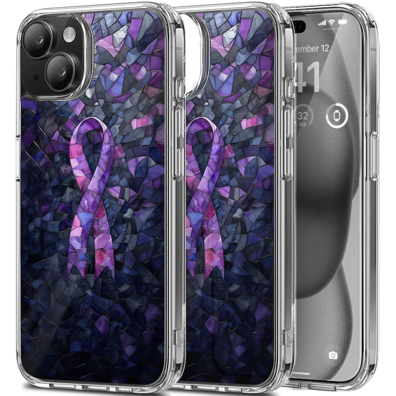 Purple Ribbon Mosaic Design TPU Clear Phone Case for iPhone & Samsung Phones