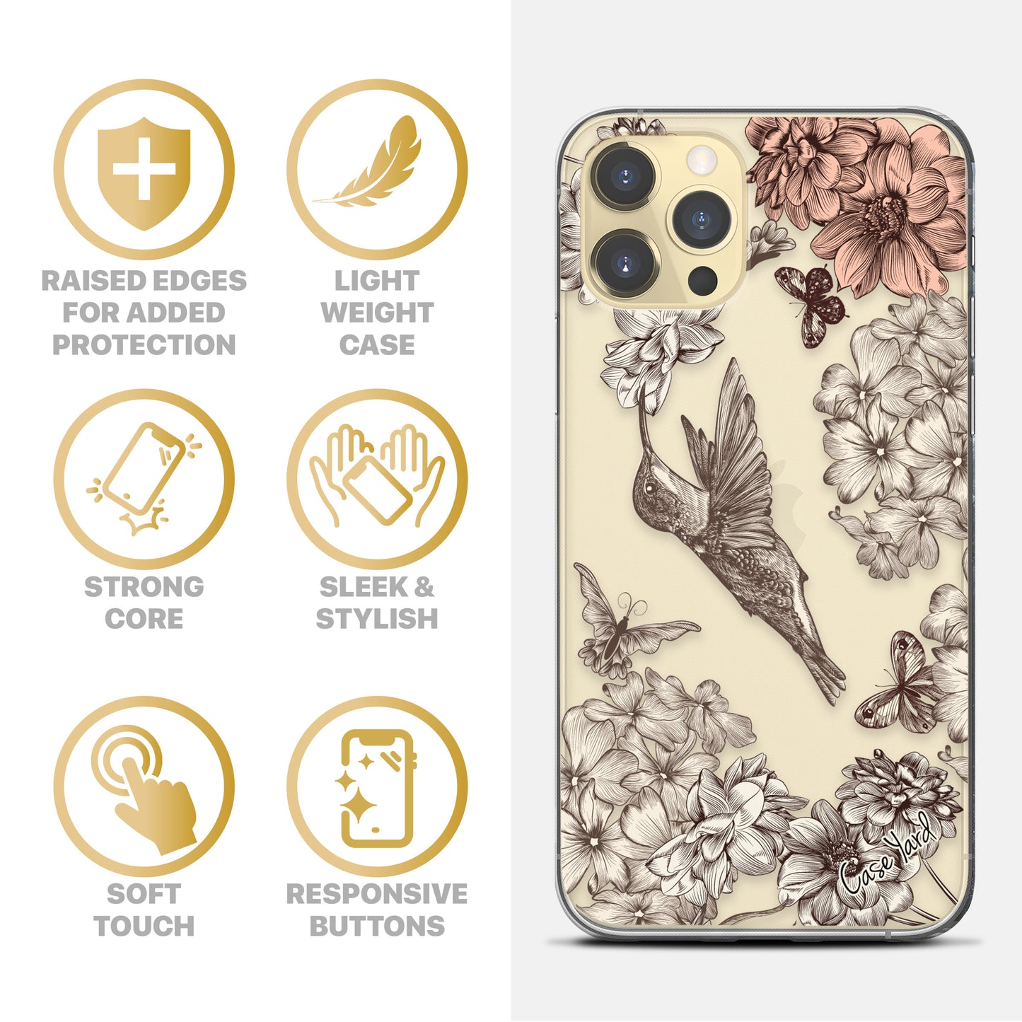 Vintage Hummingbird TPU Clear Phone Case for iPhone & Samsung Phones