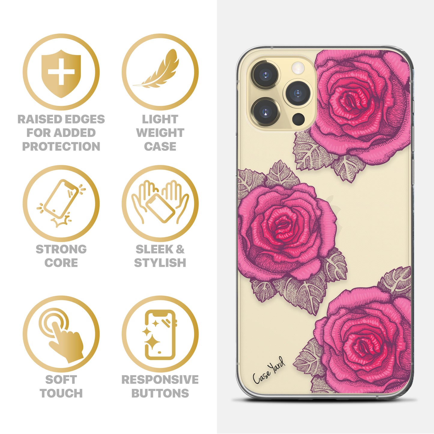 Pink Roses Pen TPU Clear Phone Case for iPhone & Samsung Phones