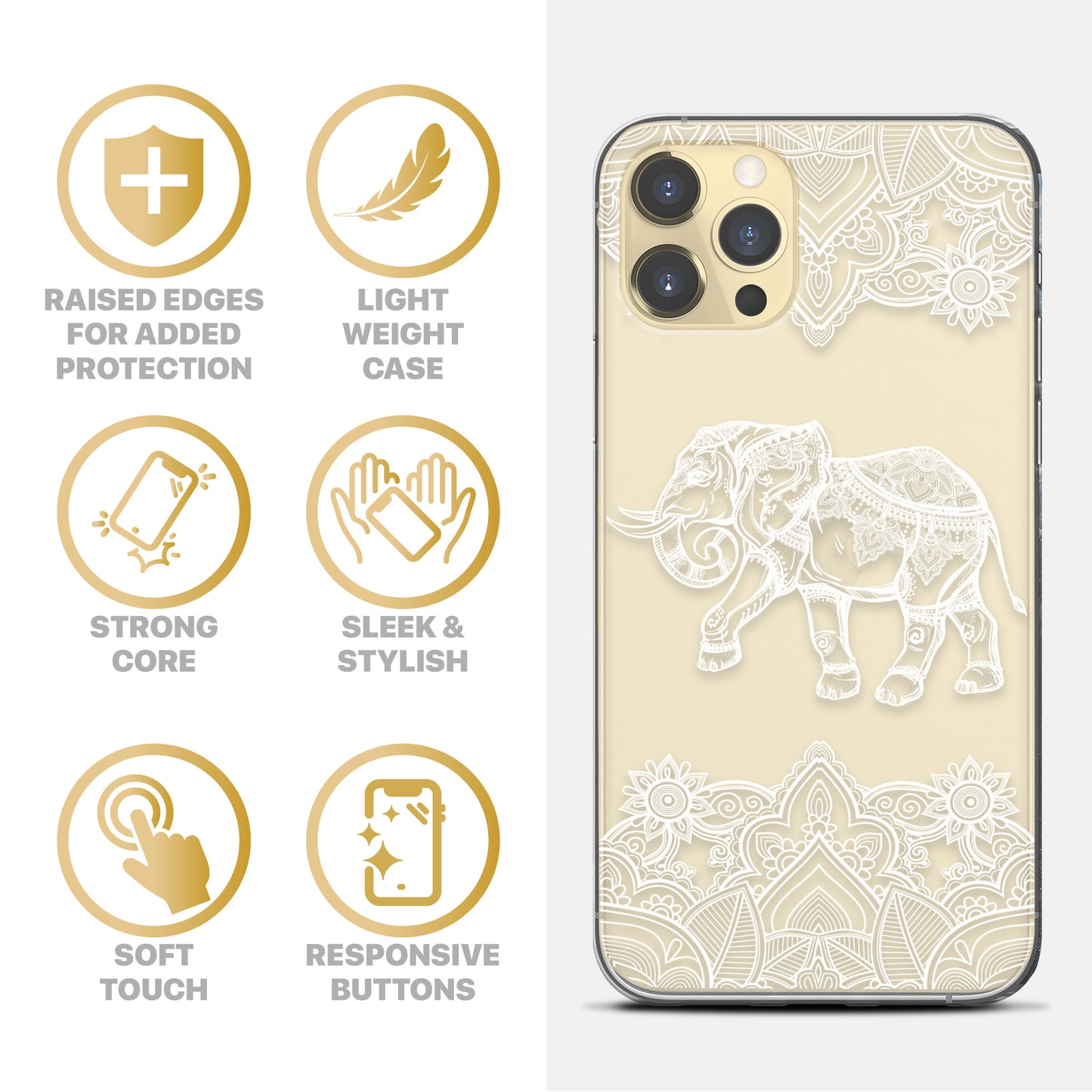 Royal Elephant Mandala TPU Clear Phone Case for iPhone & Samsung Phones