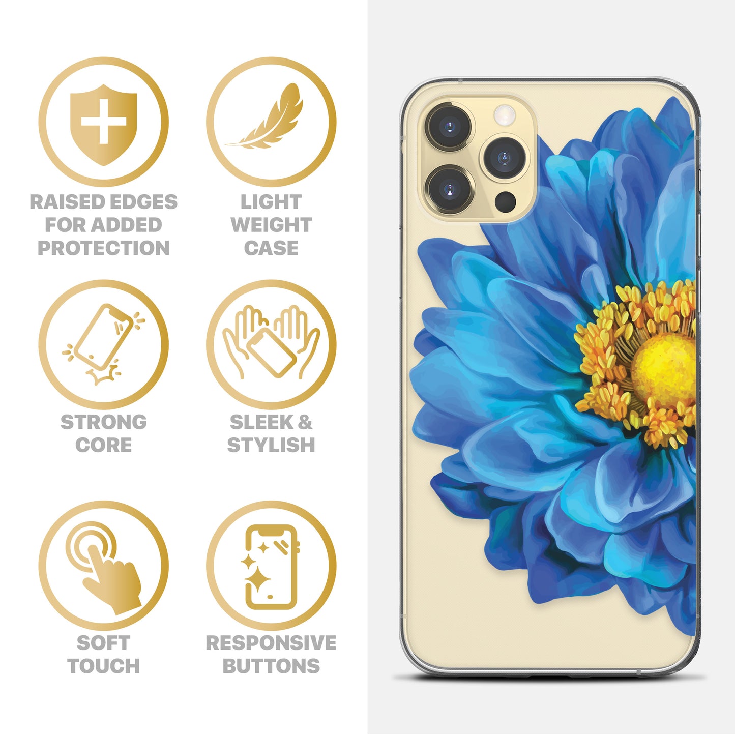 TPU Clear case with (Blue Flower) Design for iPhone & Samsung Phones