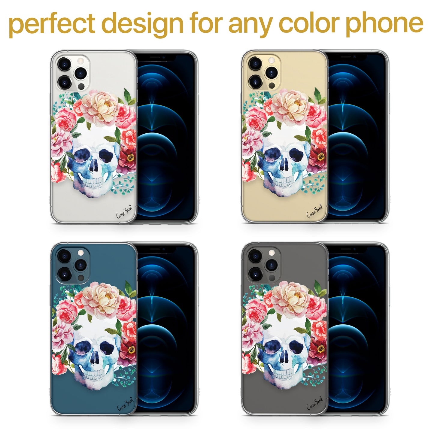 Skull Floral TPU Clear Phone Case for iPhone & Samsung Phones
