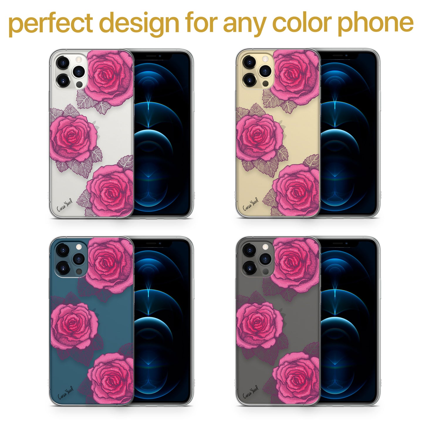 Pink Roses Pen TPU Clear Phone Case for iPhone & Samsung Phones