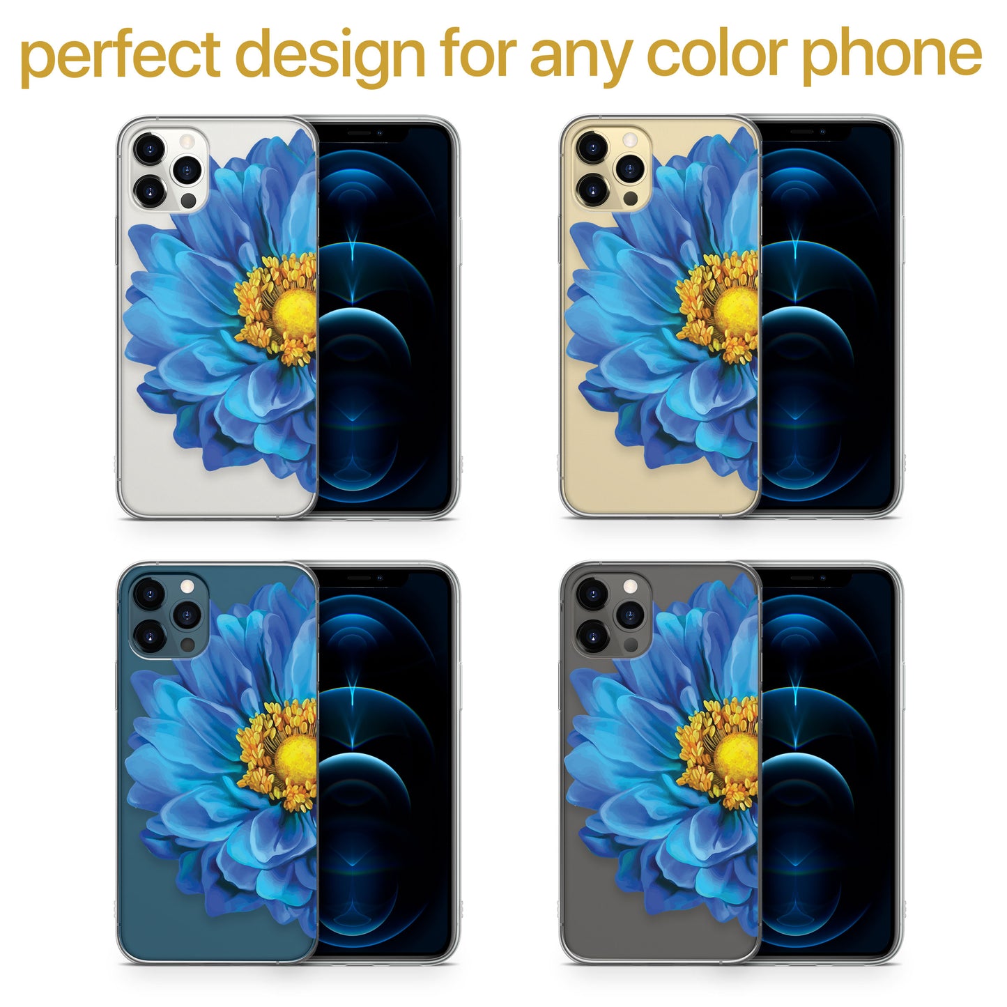 Blue Flower TPU Clear Phone Case for iPhone & Samsung Phones