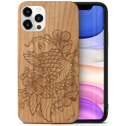 Hibiscus & Koi Fish Wooden Laser Engraved Phone Case for iPhone
