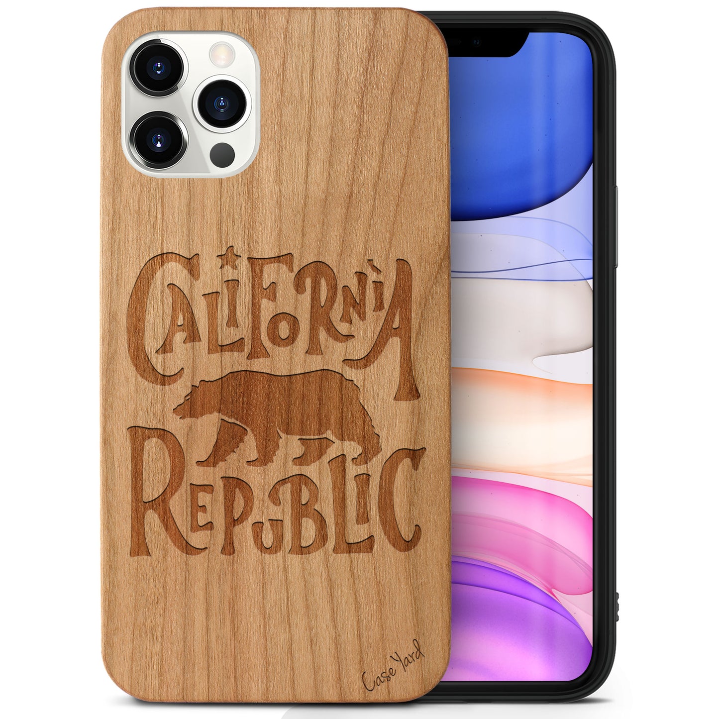 California Republic Bear Wooden Laser Engraved Phone Case for iPhone & Samsung Phones
