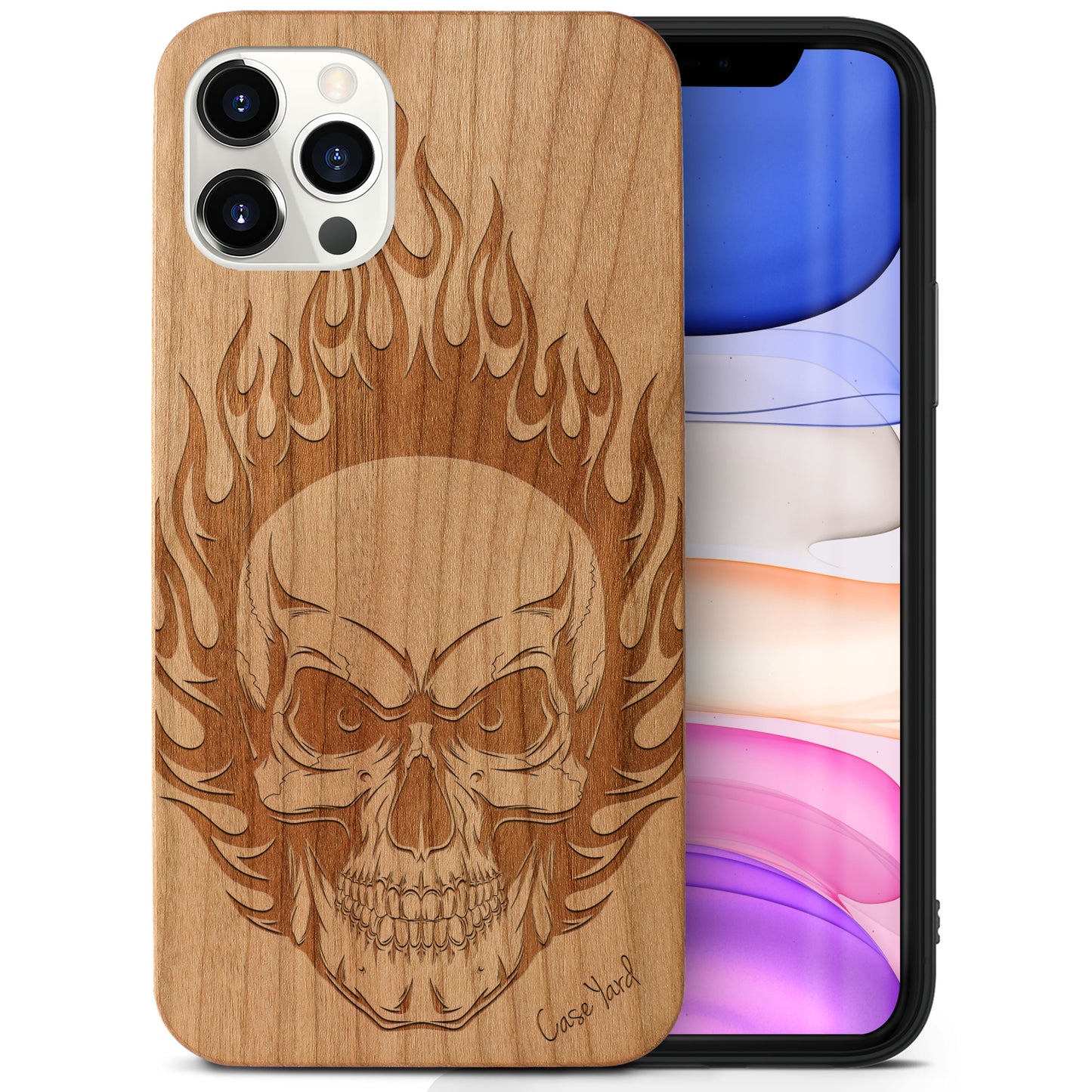 Skull On Fire Wooden Laser Engraved Phone Case for iPhone