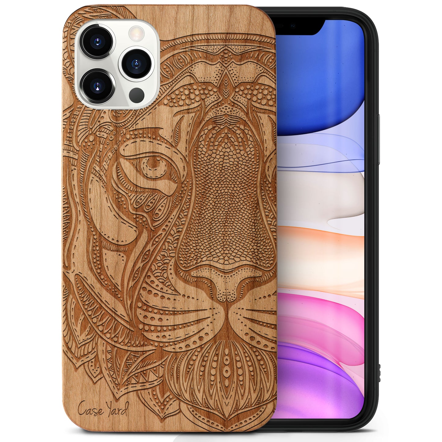 Doodle Tiger Face Wooden Laser Engraved Phone Case for iPhone