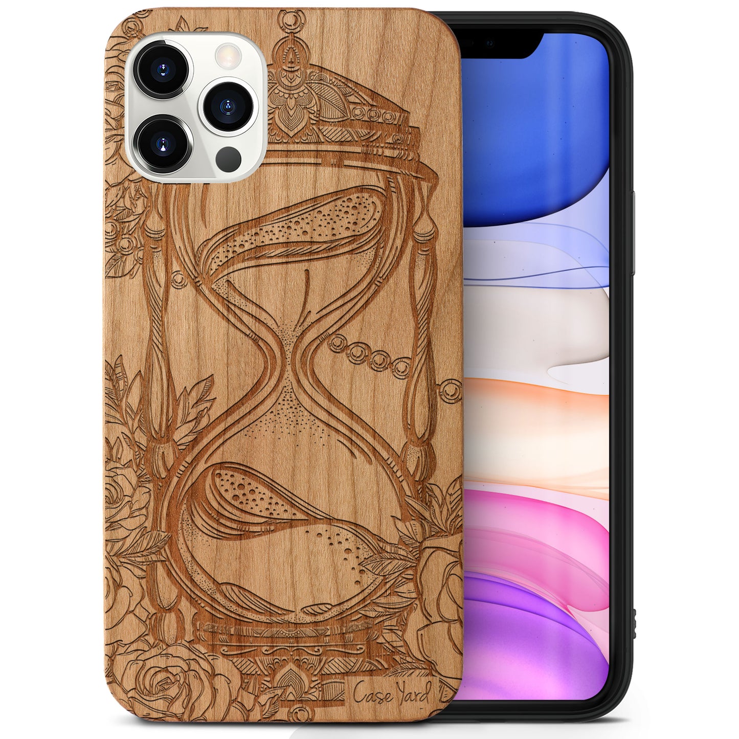 Hourglass with Roses Wooden Laser Engraved Phone Case for iPhone & Samsung Phones