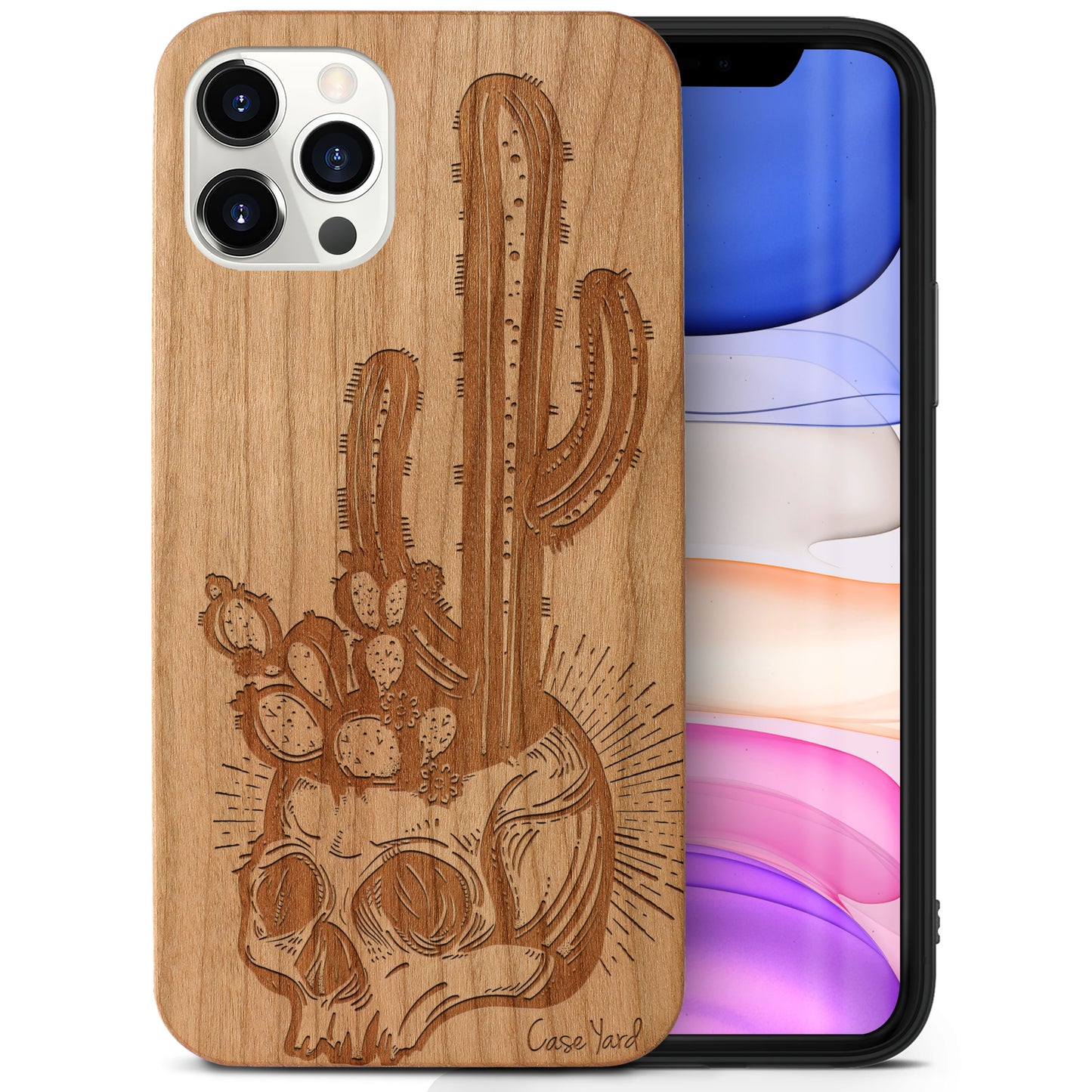 Skull with Cactus Wooden Laser Engraved Phone Case for iPhone