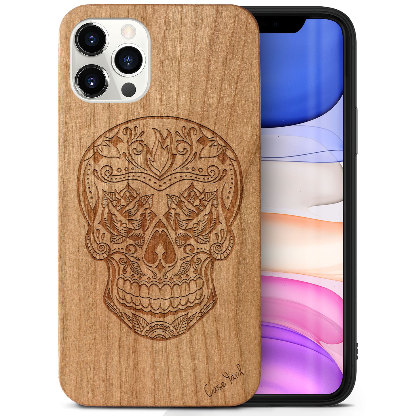 Skull Rose Wooden Laser Engraved Phone Case