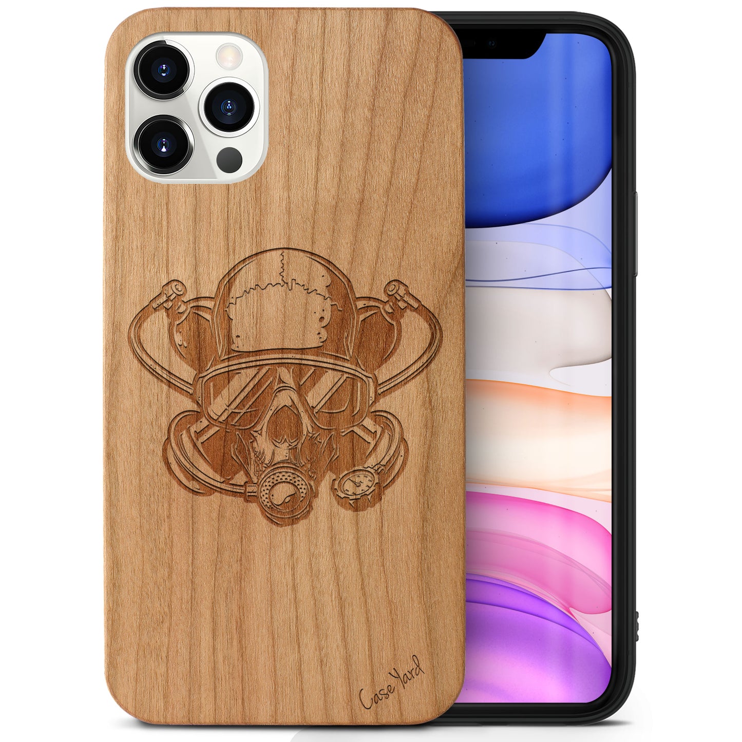 Diver Skull Wooden Laser Engraved Phone Case