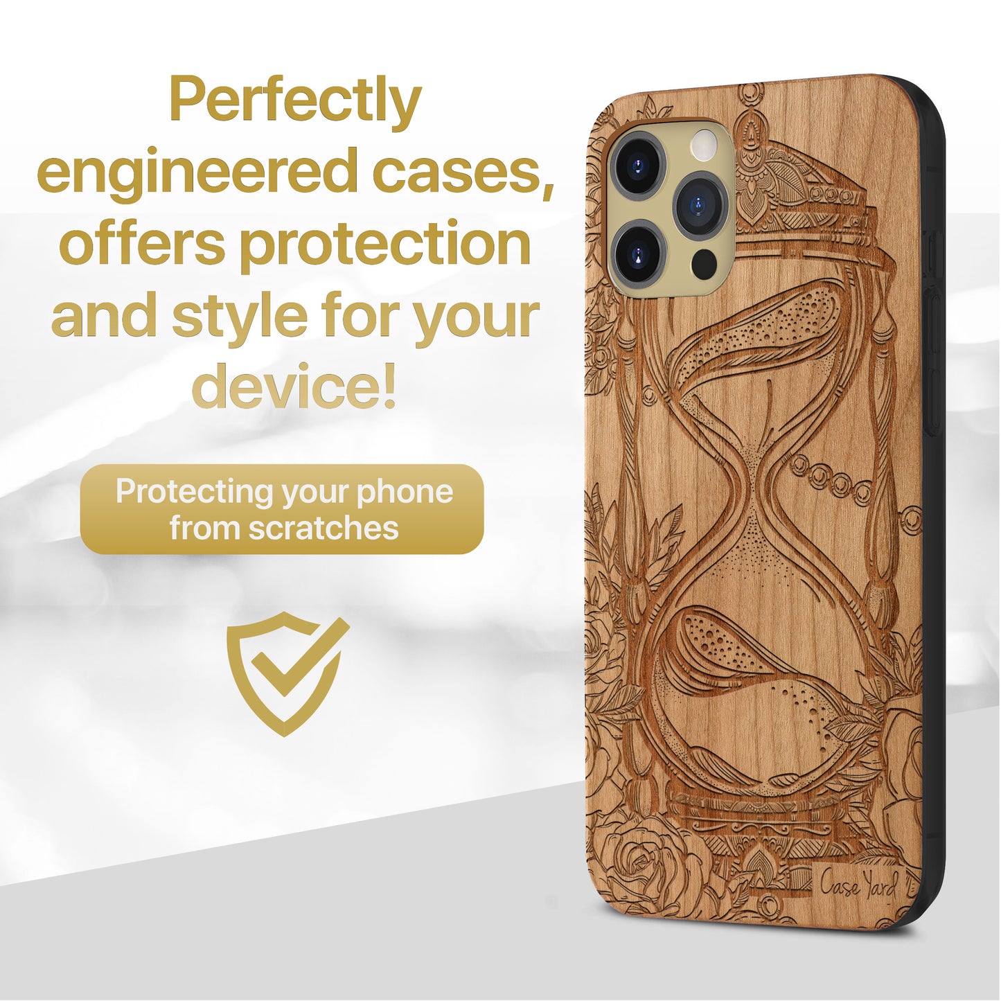 Hourglass with Roses Wooden Laser Engraved Phone Case for iPhone & Samsung Phones