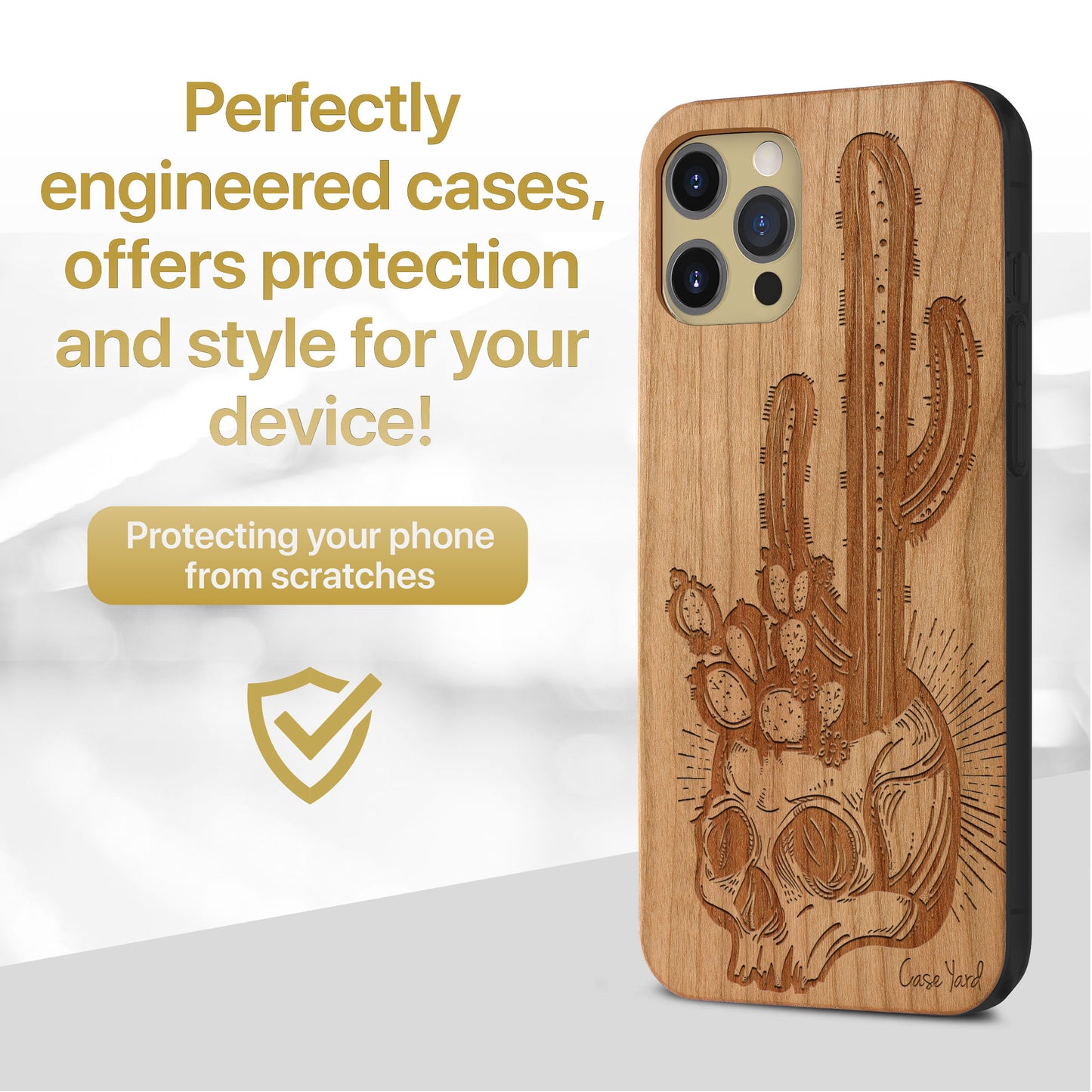 Skull with Cactus Wooden Laser Engraved Phone Case for iPhone