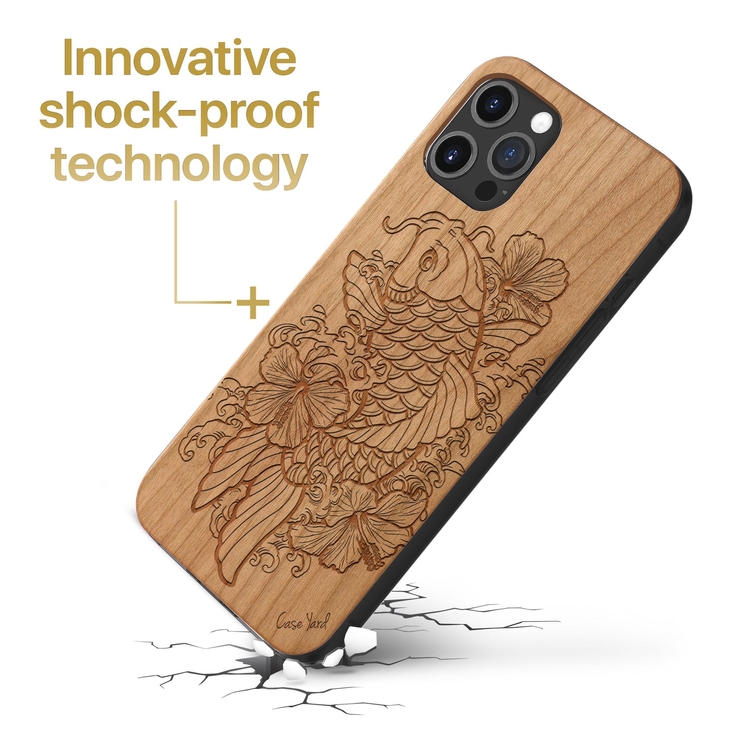 Hibiscus & Koi Fish Wooden Laser Engraved Phone Case for iPhone
