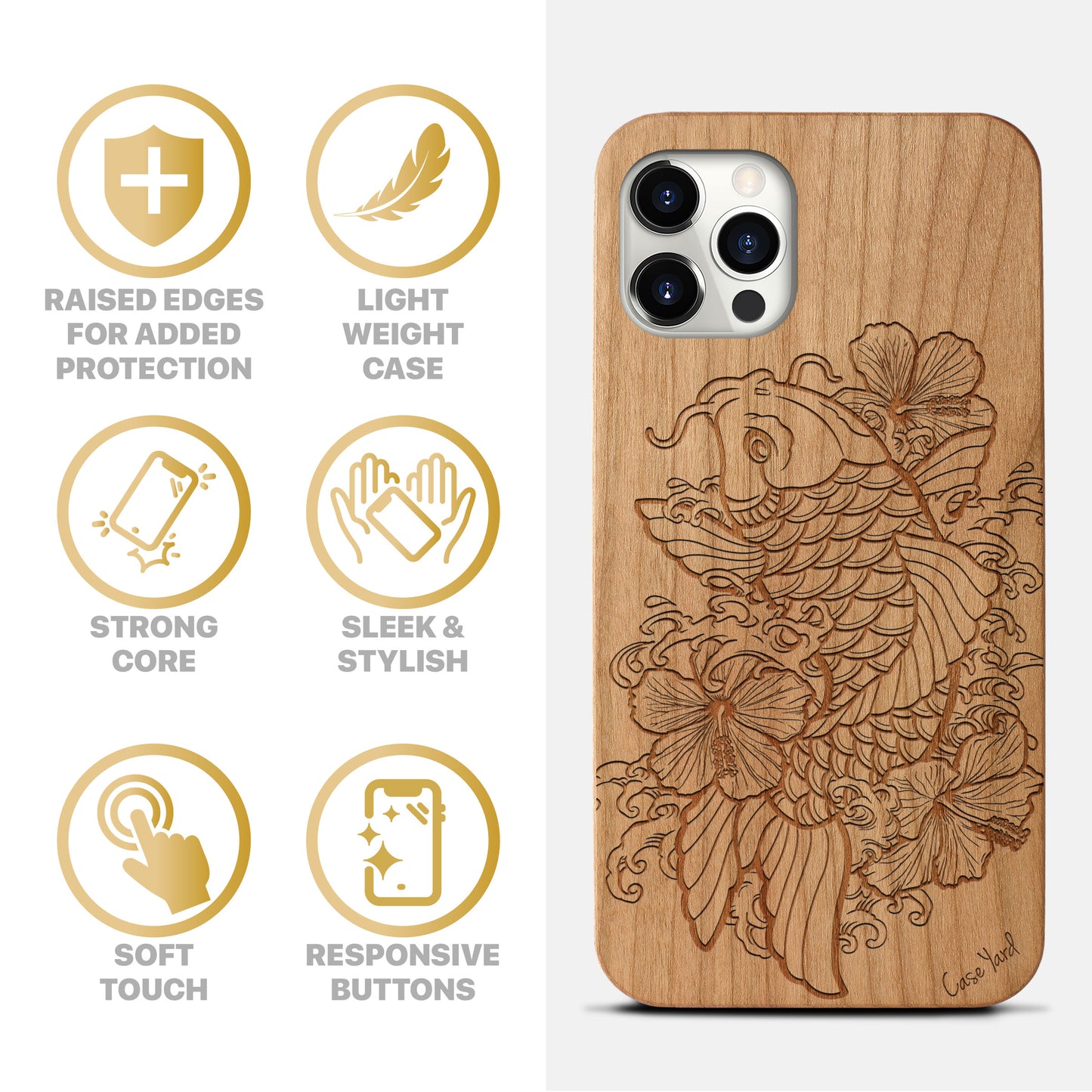 Hibiscus & Koi Fish Wooden Laser Engraved Phone Case for iPhone