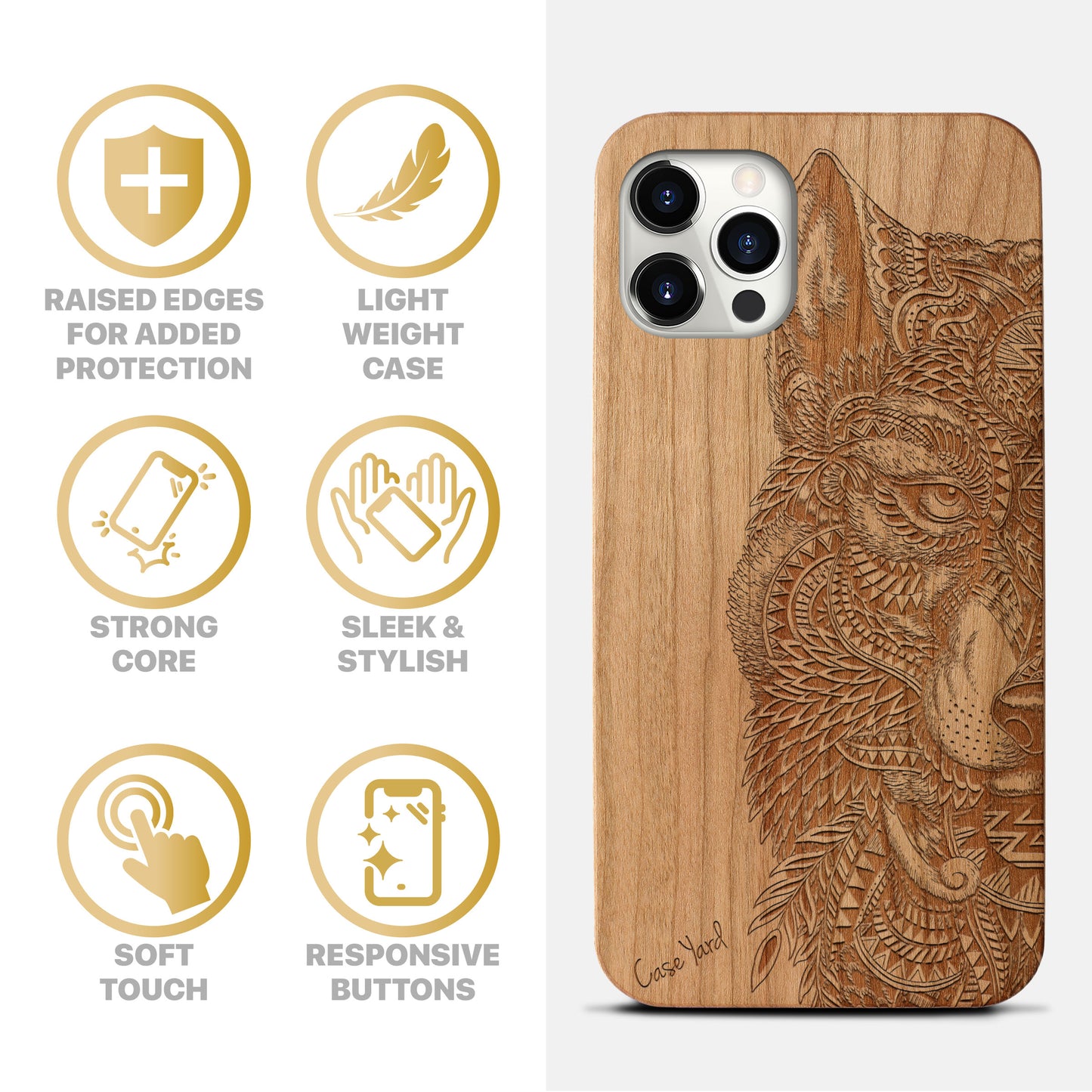 Wolf Face Half Wooden Laser Engraved Phone Case for iPhone