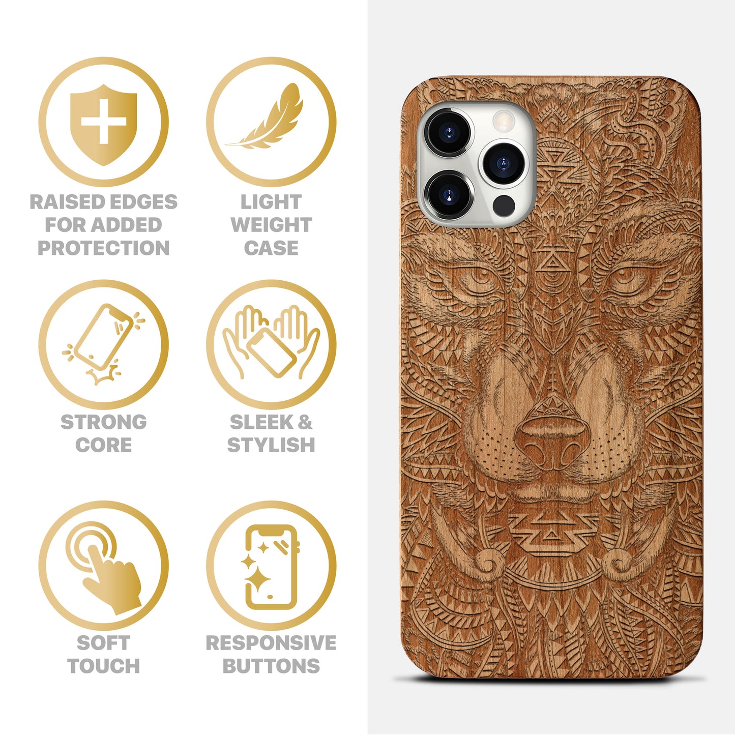 Wolf Face Full Wooden Laser Engraved Phone Case for iPhone