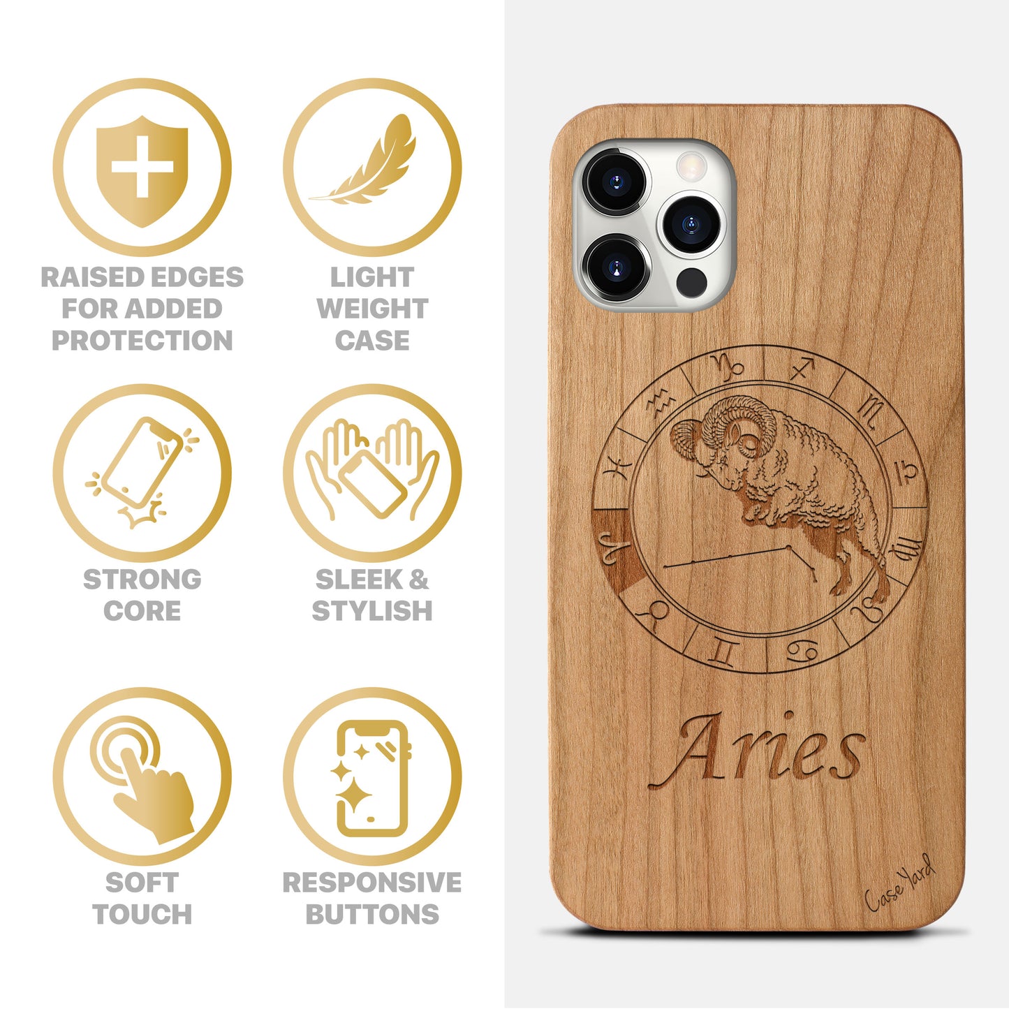 Aries Sign Wooden Laser Engraved Phone Case for iPhone & Samsung Phones