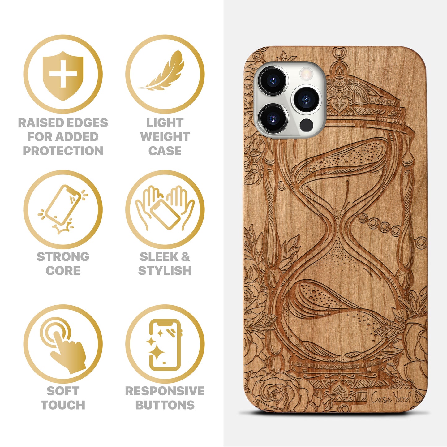 Hourglass with Roses Wooden Laser Engraved Phone Case for iPhone & Samsung Phones