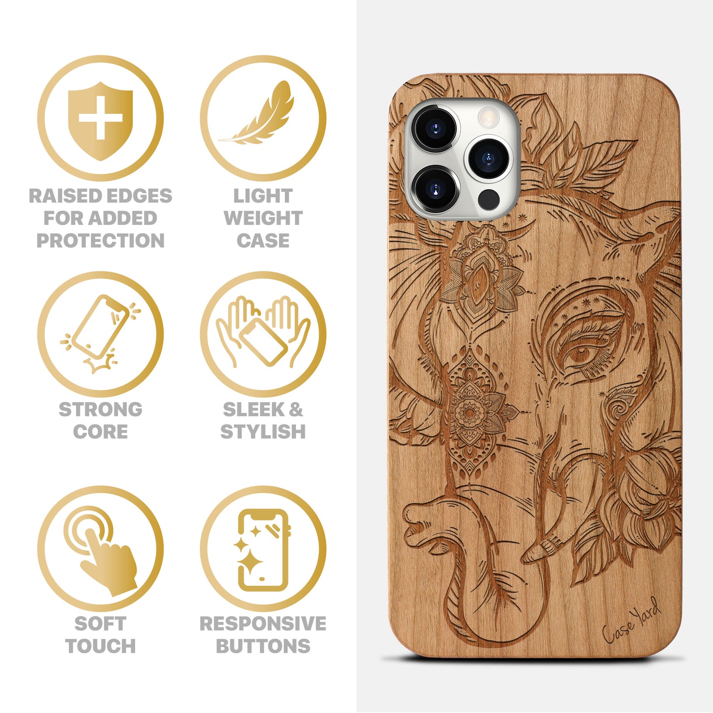 Boho Elephant Wooden Laser Engraved Phone Case for iPhone & Samsung Phones