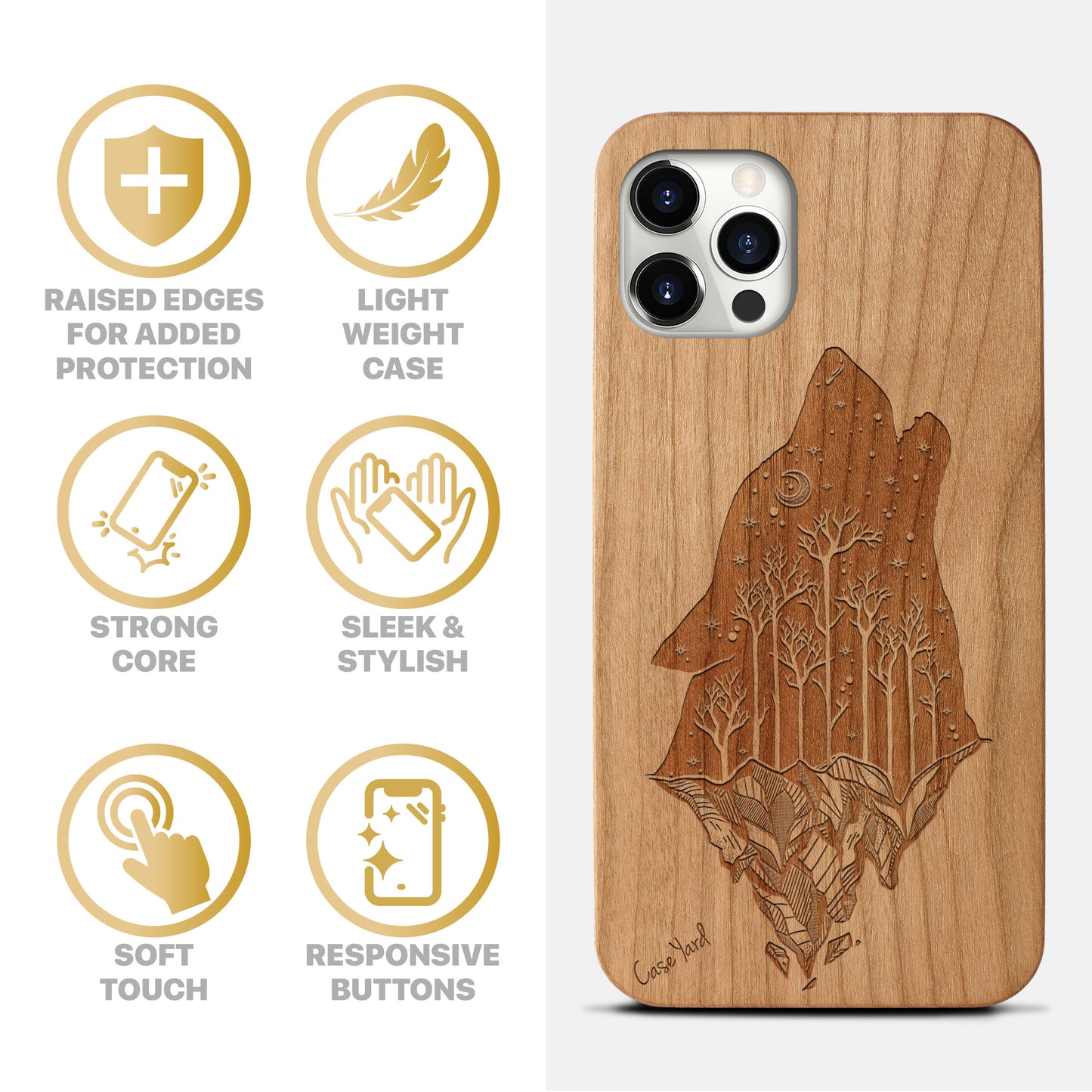 Wooden Cell Phone Case Cover, Laser Engraved case for iPhone & Samsung phone Howling Wolf Design