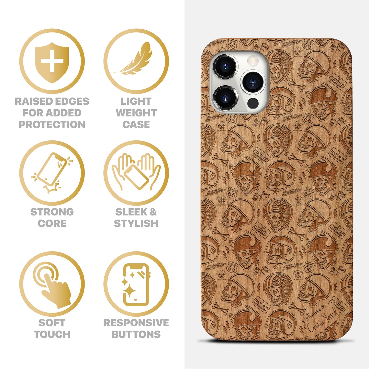 Motor Skull Wooden Laser Engraved Phone Case for iPhone