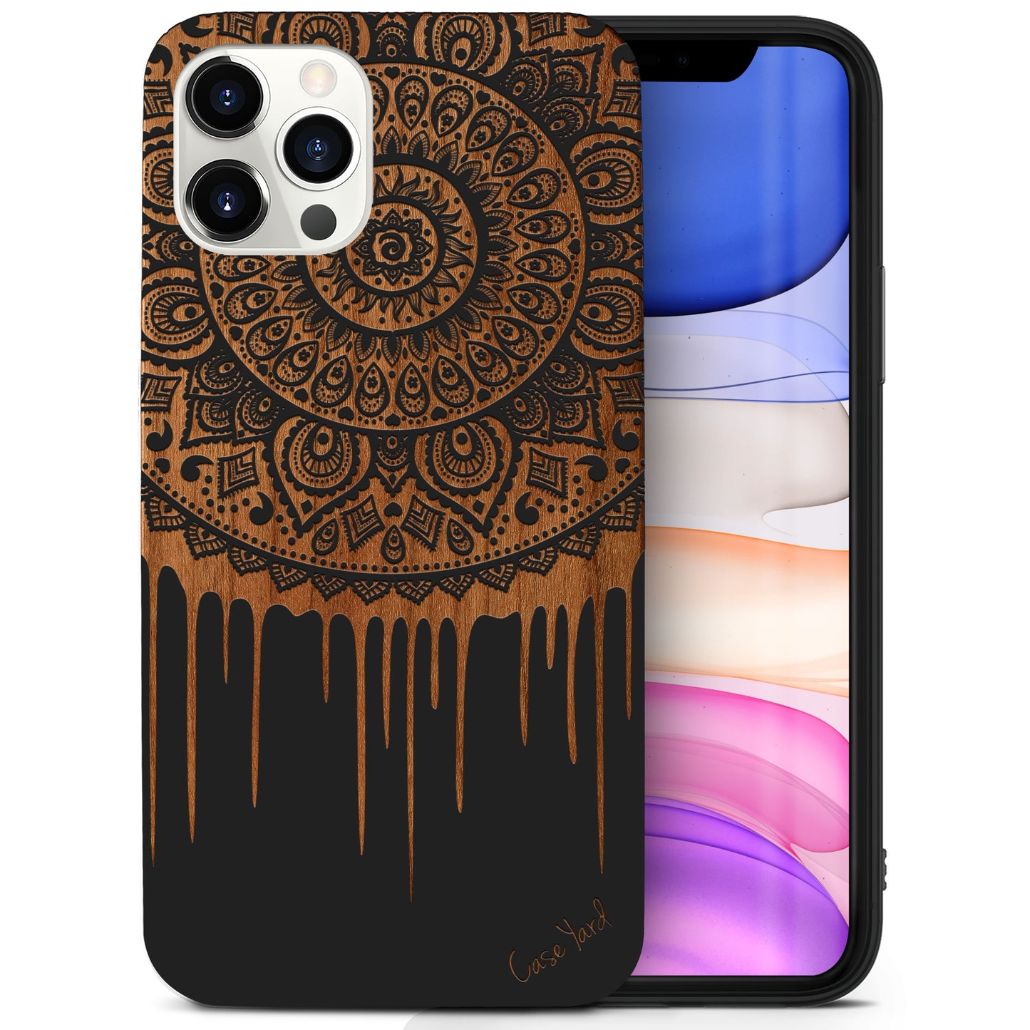 Dripping Mandala Wood Wooden Laser Engraved Phone Case for iPhone