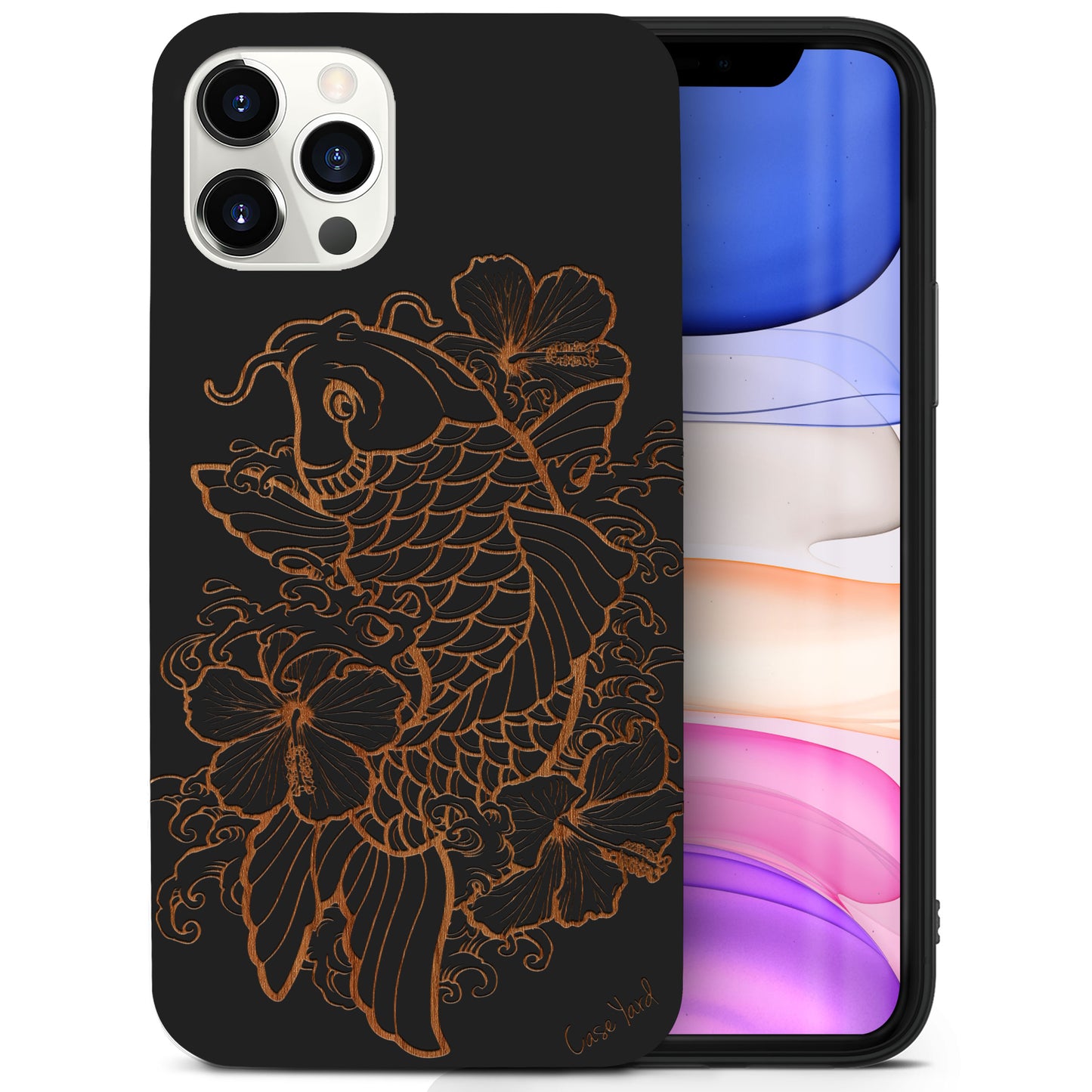 Hibiscus & Koi Fish Wooden Laser Engraved Phone Case for iPhone