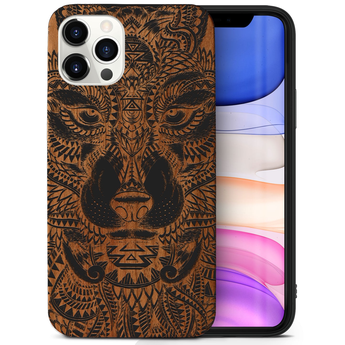 Wolf Face Full Wooden Laser Engraved Phone Case for iPhone