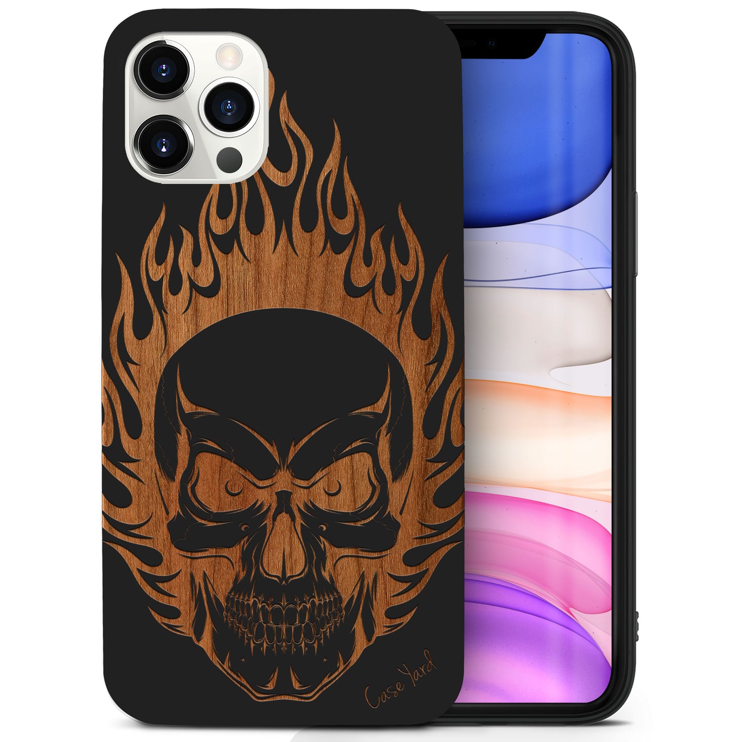 Skull on Fire Wooden Laser Engraved Phone Case