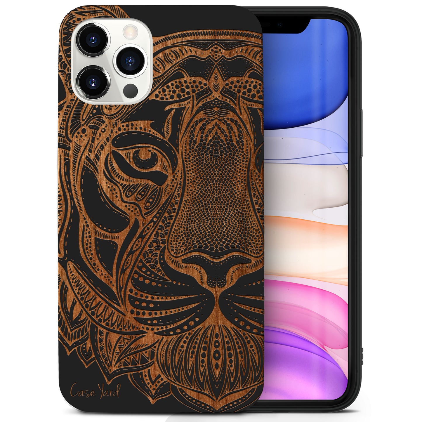 Doodle Tiger Face Wooden Laser Engraved Phone Case for iPhone