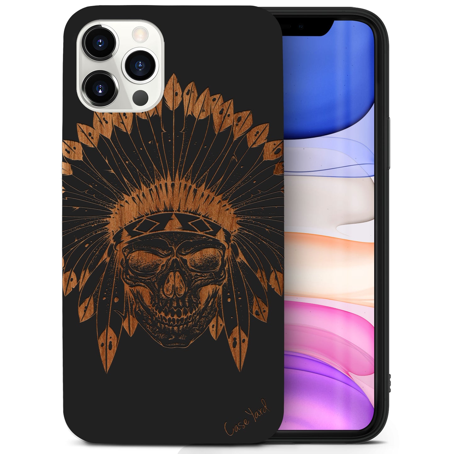 Skull Feather Wood Wooden Laser Engraved Phone Case