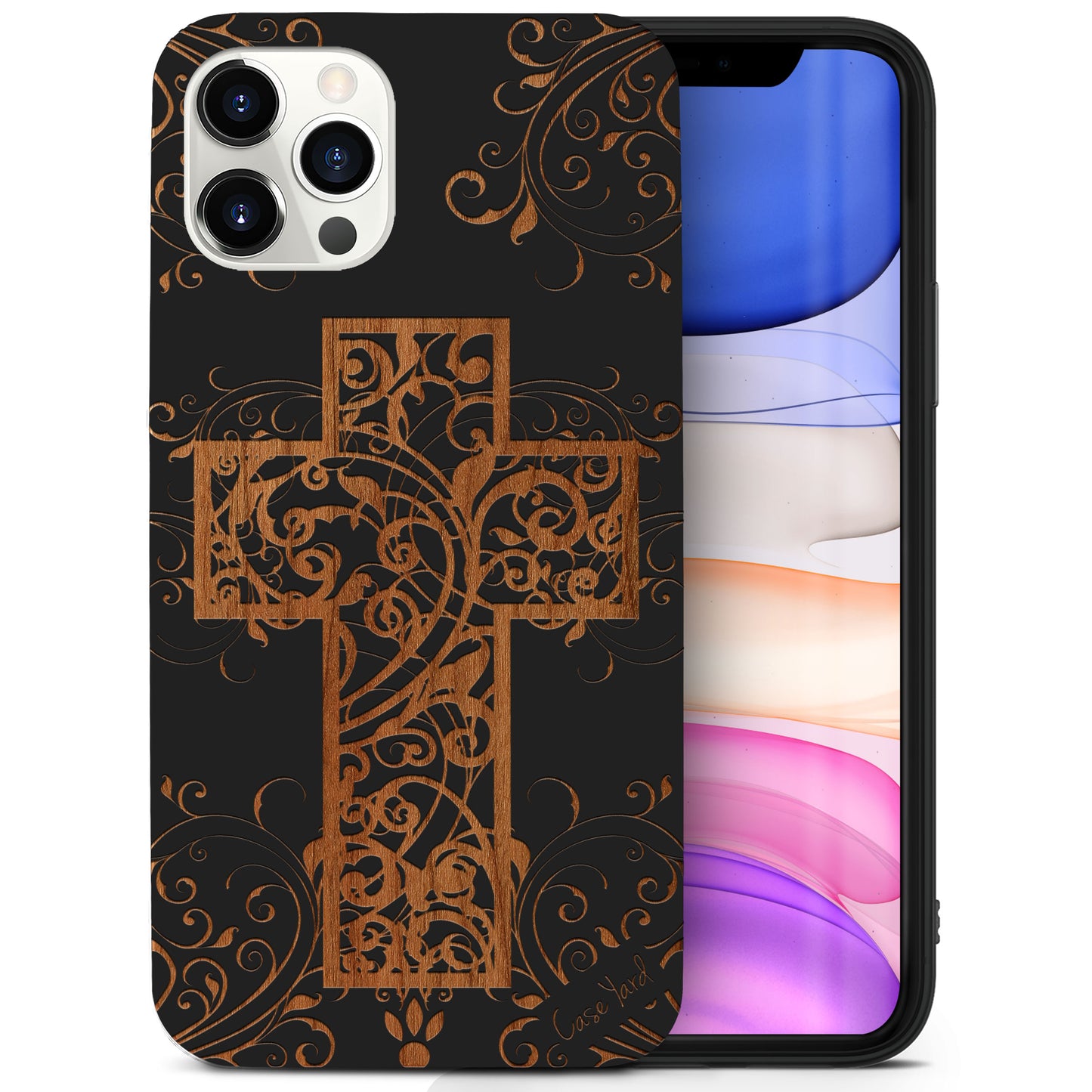 Cross Floral Wooden Laser Engraved Phone Case