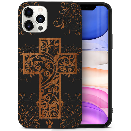 Cross Floral Wooden Laser Engraved Phone Case