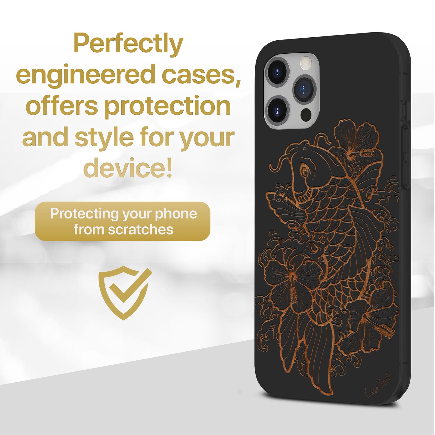 Hibiscus & Koi Fish Wooden Laser Engraved Phone Case for iPhone