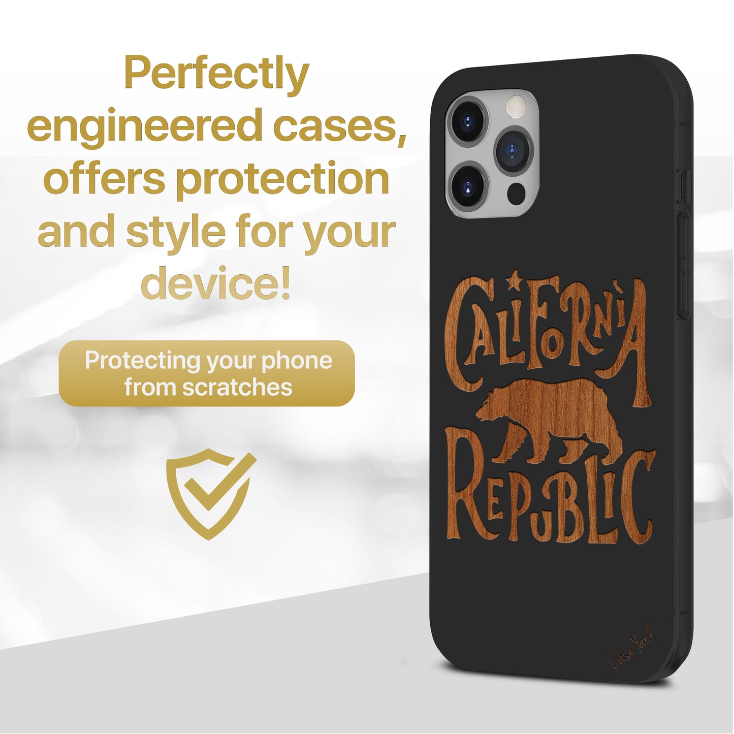 California Republic Bear Wooden Laser Engraved Phone Case for iPhone & Samsung Phones